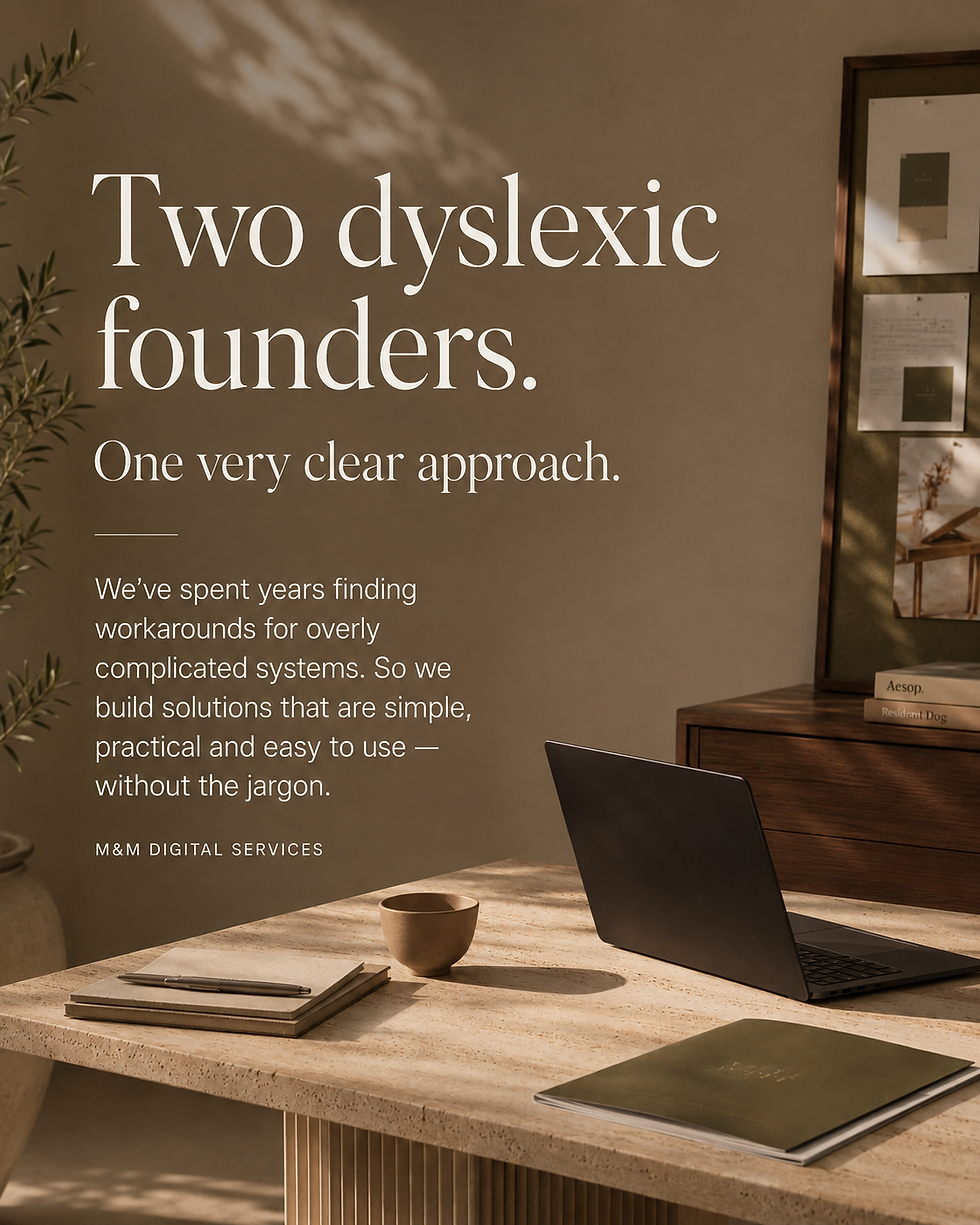 M&M Digital Services editorial graphic about two dyslexic founders and a clear, jargon-free approach