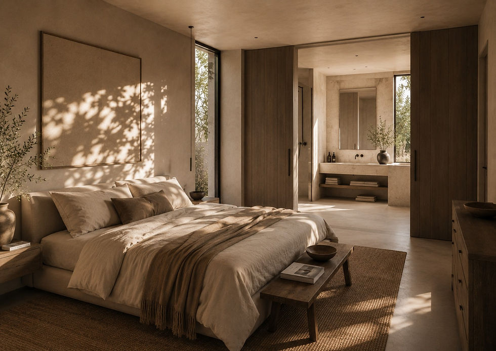 Serene principal bedroom with warm timber, layered neutrals and adjoining bathroom