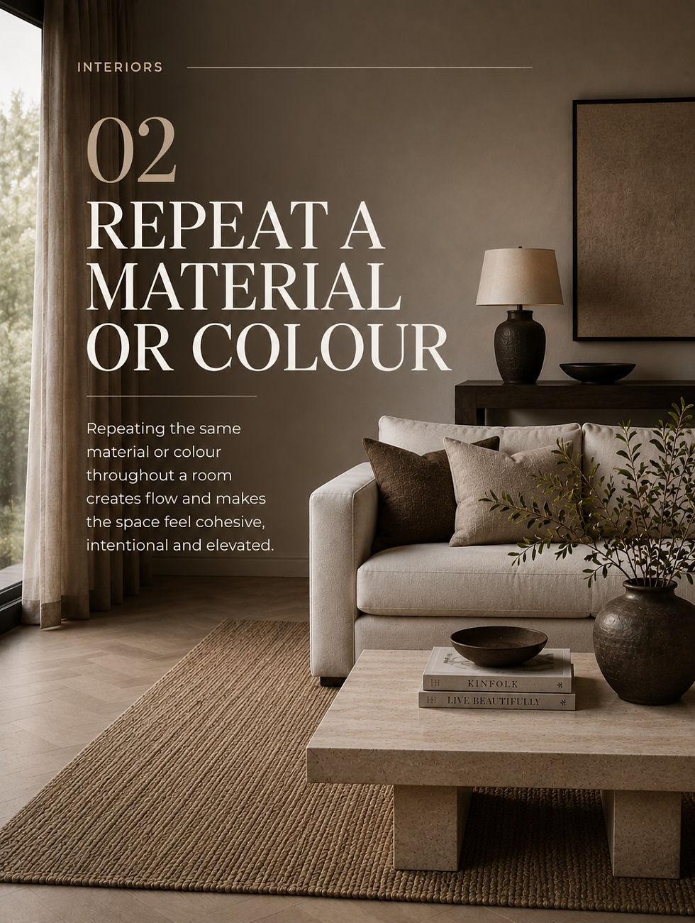Neutral living room repeating dark wood, warm stone and brown tones for a cohesive interior design scheme