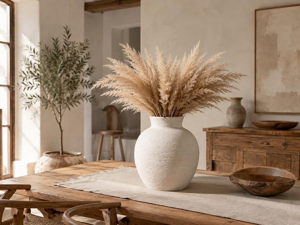 Close-up of a rustic white ceramic vase filled with pampas grass in a warm country interior