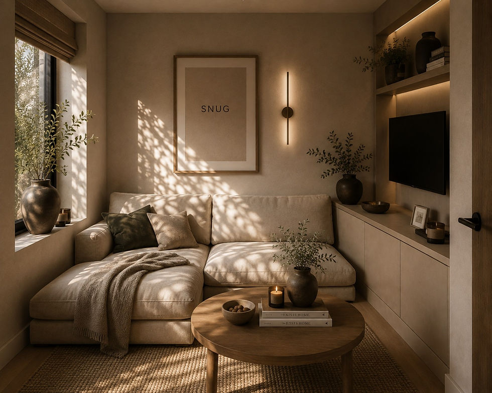 Small cosy snug with built-in media storage and warm natural finishes