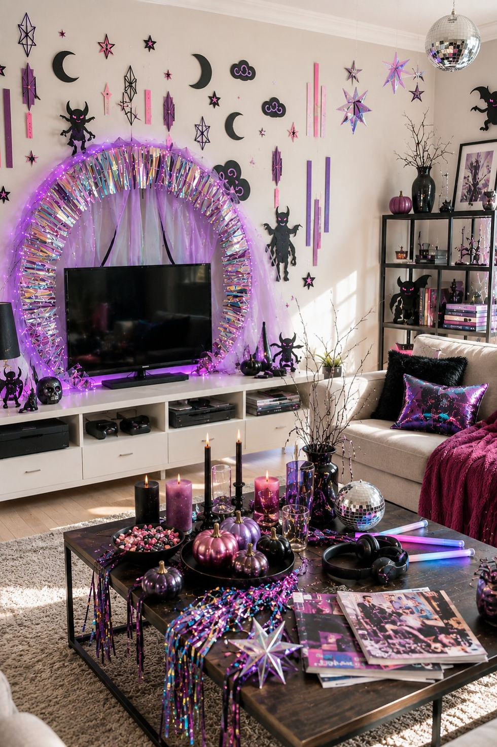 KPop Demon Hunters inspired bright Halloween living room in daylight
