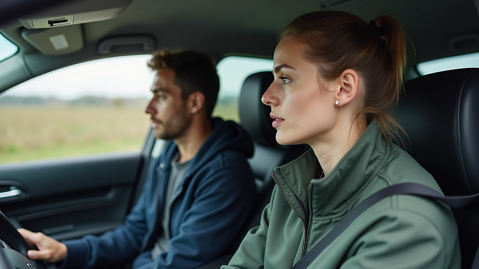 Eye-level view of a driving instructor teaching a student in a car