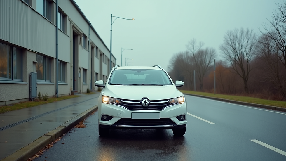 Wide angle view of a driving school car parked near a training area