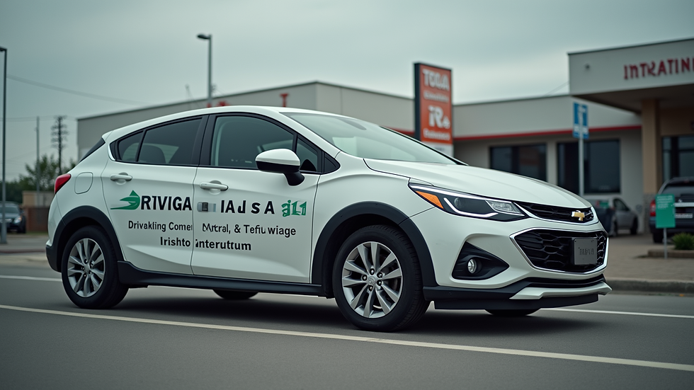 Eye-level view of a driving school car parked near a training center