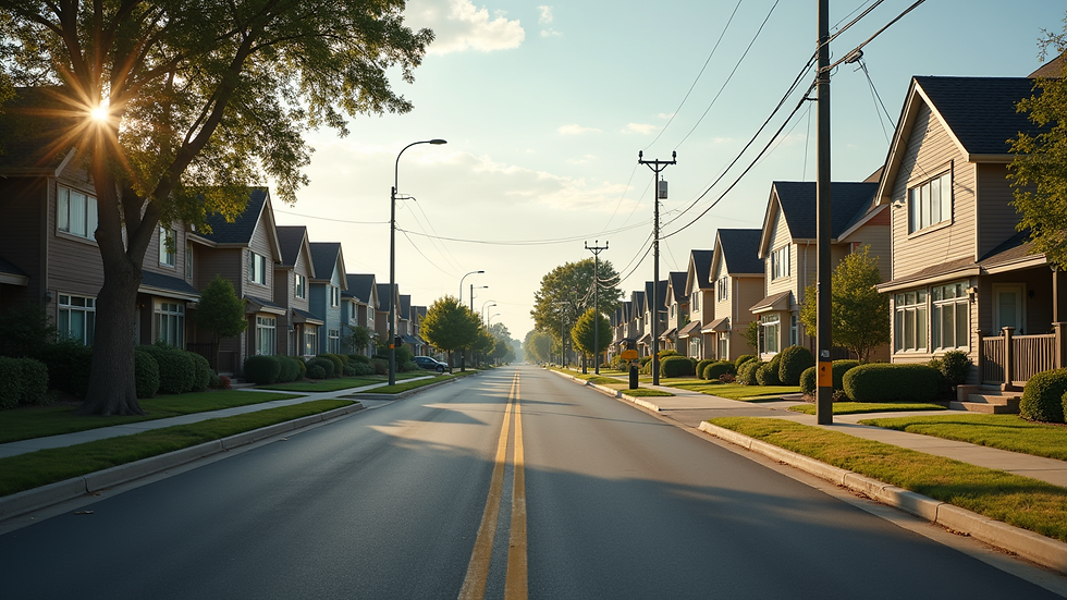 Wide angle view of a quiet suburban street ideal for driving practice