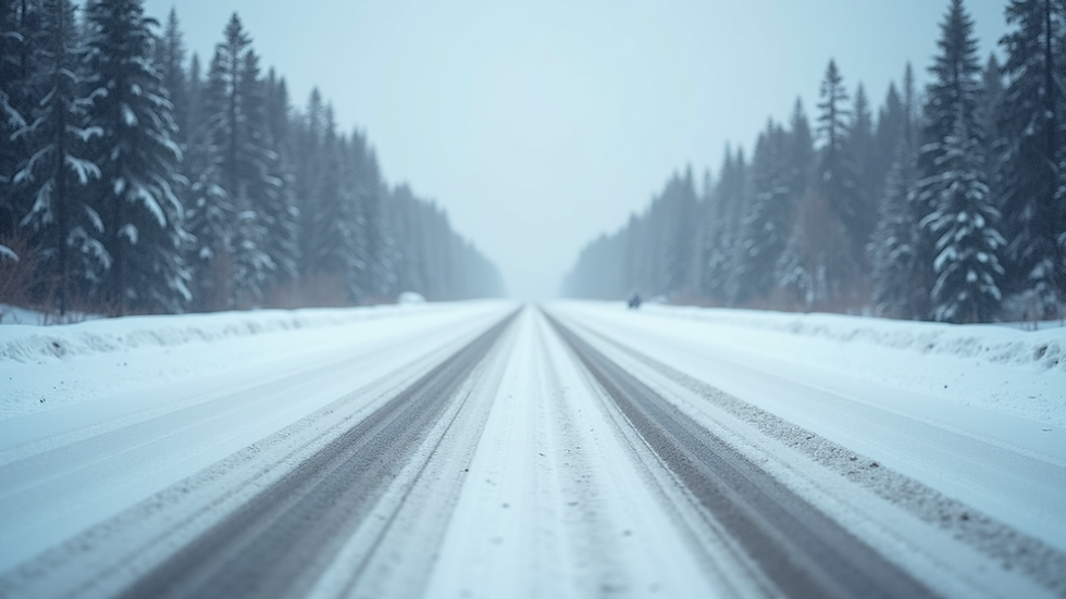 Eye-level view of a snowy Canadian highway with clear tire tracks