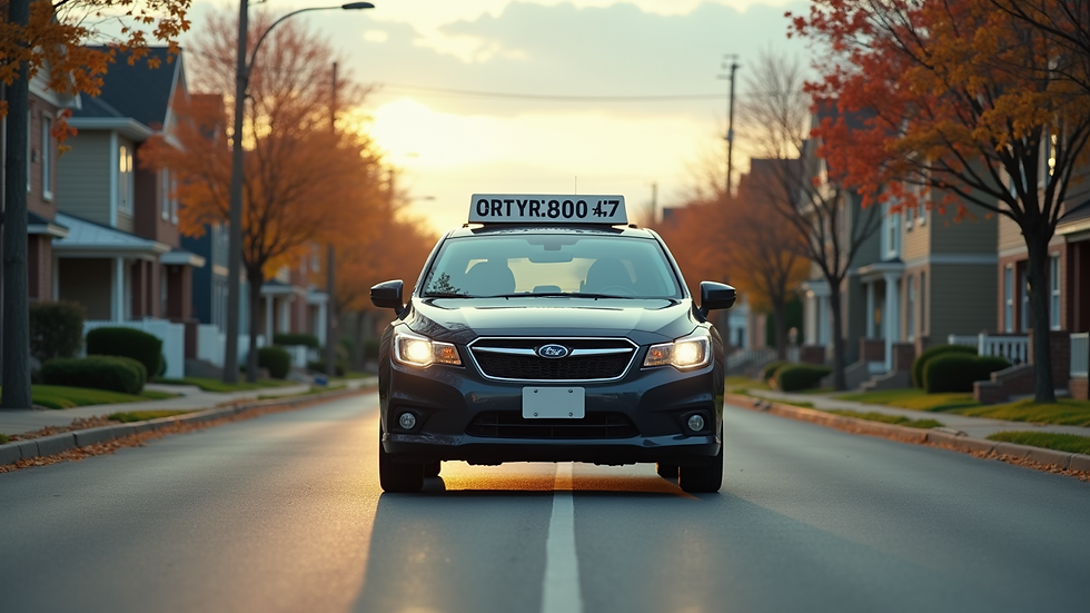 Wide angle view of a driving school car on a quiet suburban street