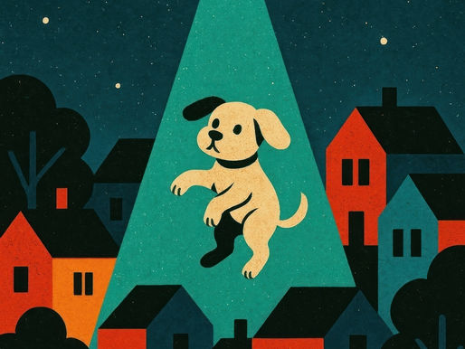 a cartoon dog being beamed up by a UFO