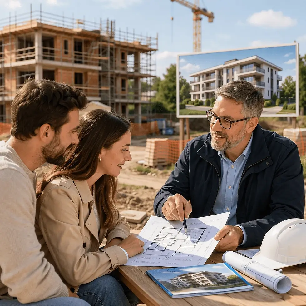 A couple consults with an architect at a construction site. They discuss floor plans. A building is in the background. Mood is collaborative.