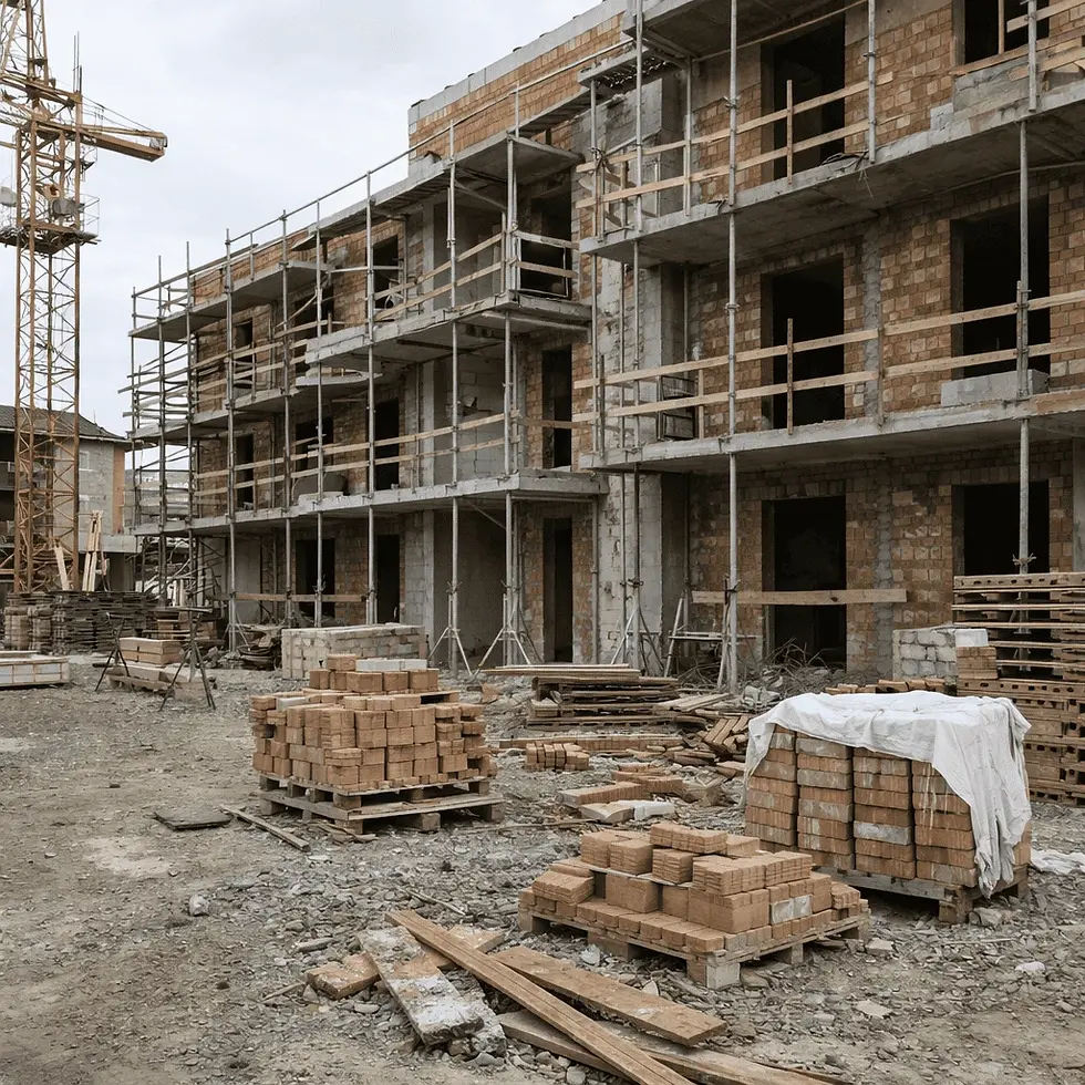 Building site with unfinished brick structure, scaffolding, and construction materials. Overcast sky, neutral tones, and a busy, active setting.