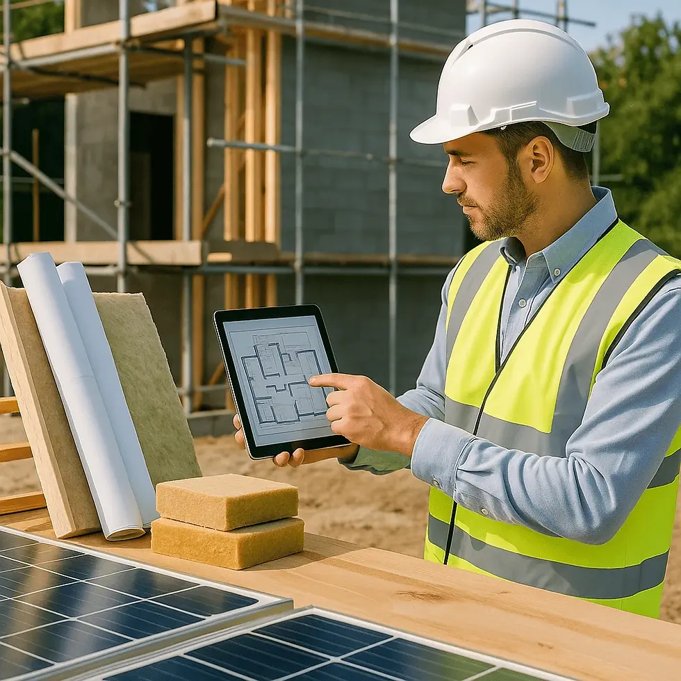 geometra in un cantiere edile che verifica una planimetria da un tablet vicino ad un tavolo con i materiali