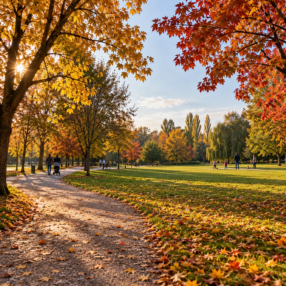 Famiglie e passeggiatori nel Parco Azzurro dei Germani in autunno