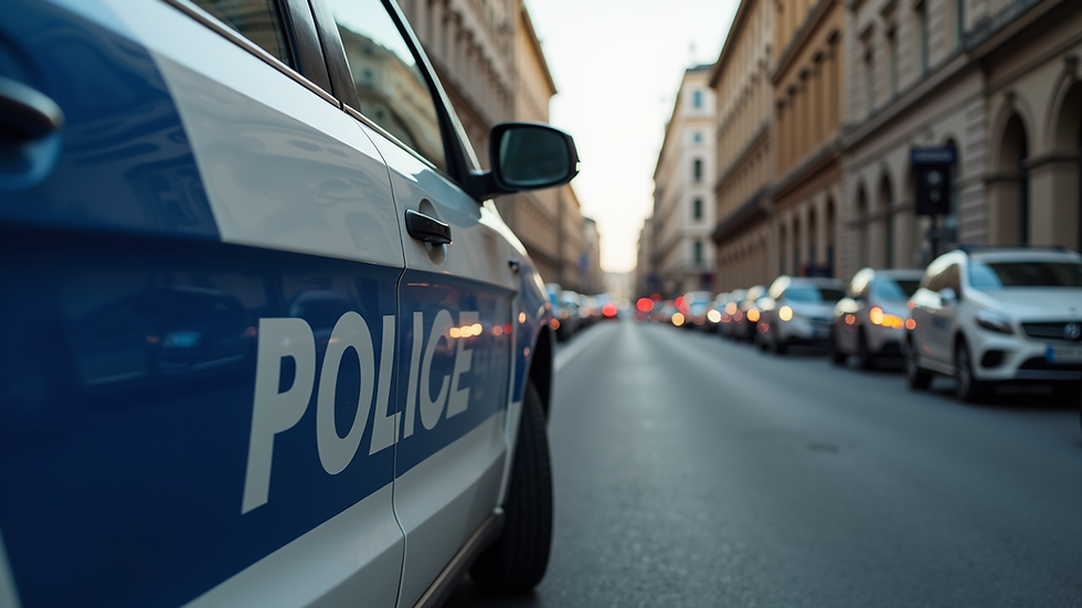 Close-up view of a police car parked on a city street