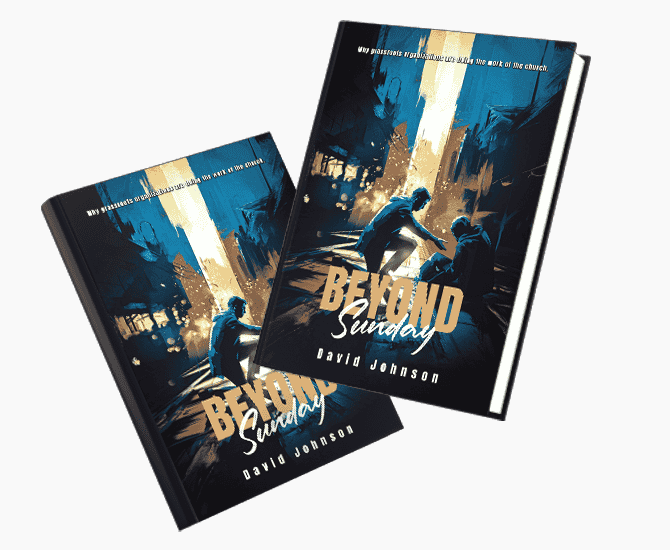 Book cover of Beyond Sunday by author David Johnson featuring an illustrated scene of two figures in a city with dramatic lighting.