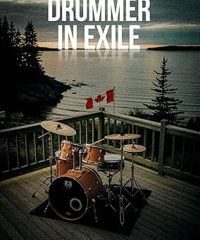 Book cover of "Drummer in Exile: My Escape from MAGA America" by Daniel G. Daly, featuring a drum set on a wooden deck overlooking a lake at sunset with a Canadian flag in the background.