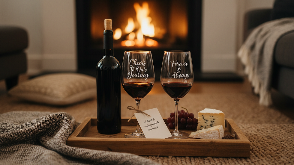 Eye-level view of a personalized engraved wine glass set