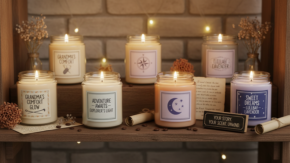Eye-level view of personalized candles with custom labels on a wooden shelf
