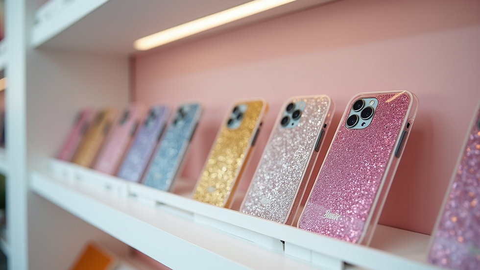 Eye-level view of glitter phone cases displayed on a stylish white shelf