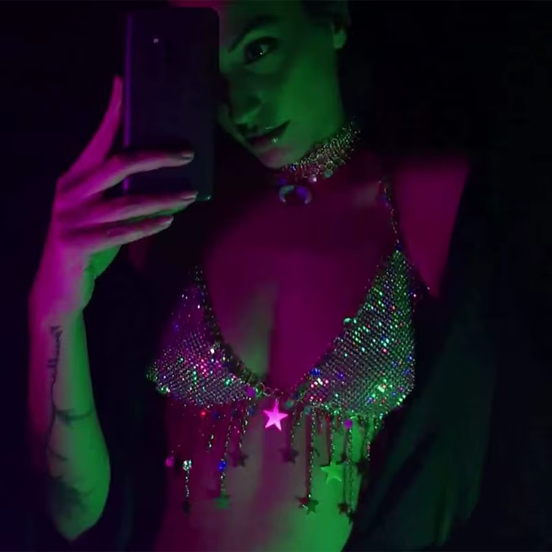 Thumbnail: Glitter Rhinestone Star Tassel Tank Top for Women Sexy Backless V Neck Halter Ca