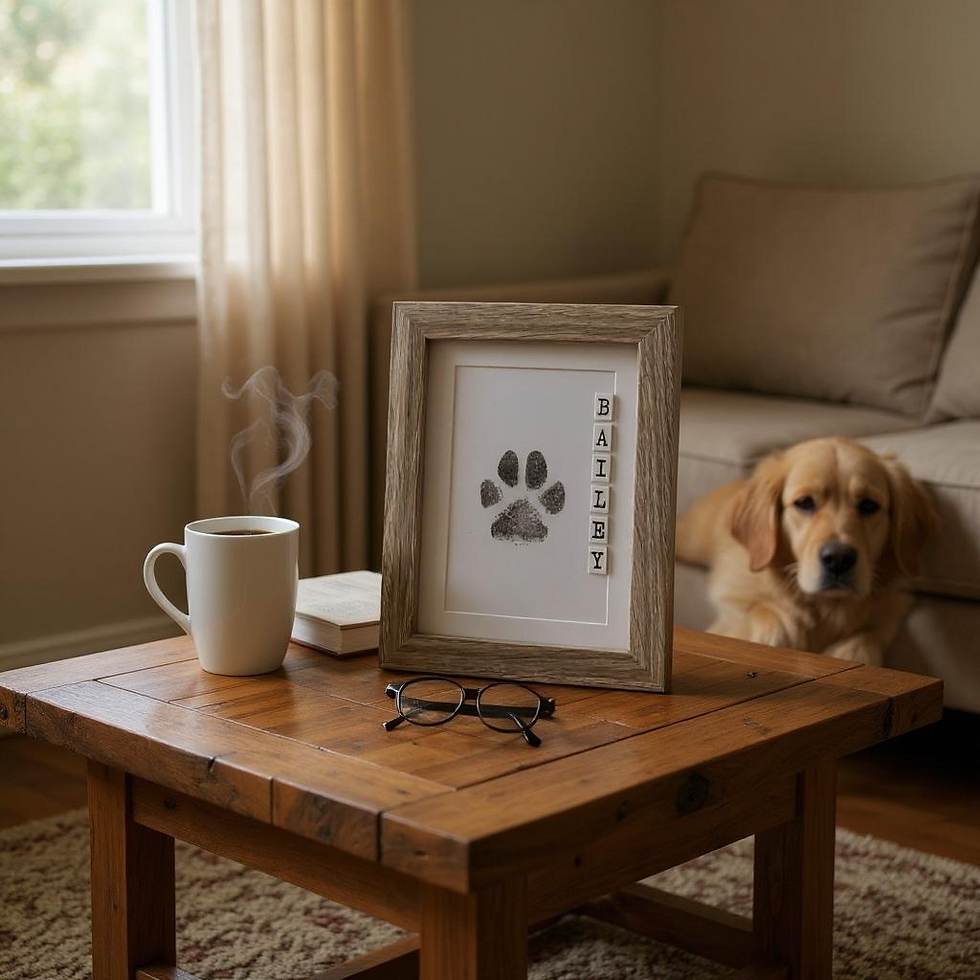 Thumbnail: Framed dog paw print art with "Barnaby" name