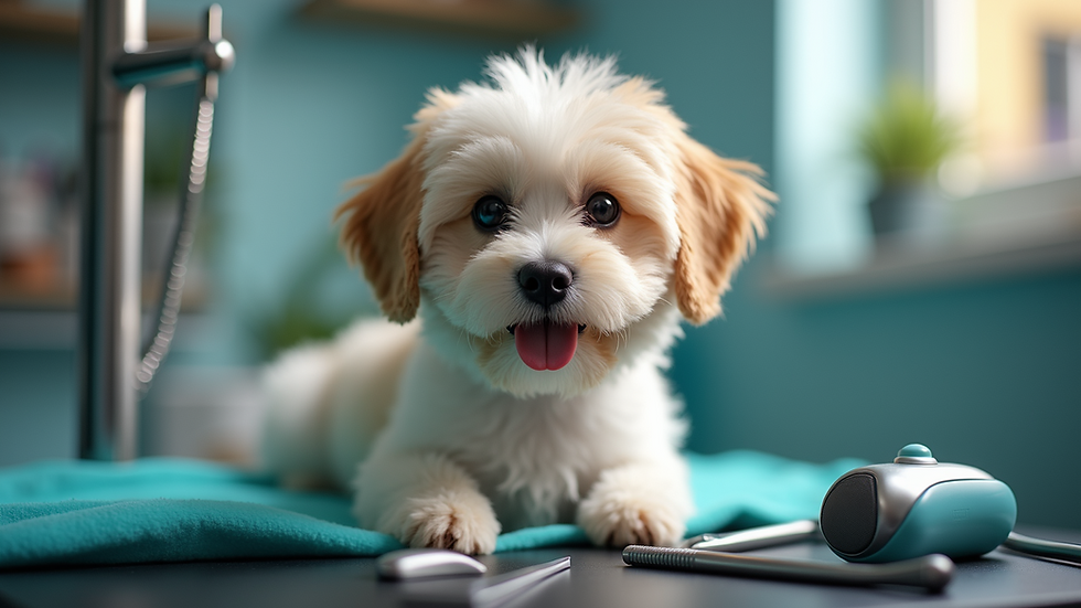 Eye-level view of a grooming station with professional pet care tools