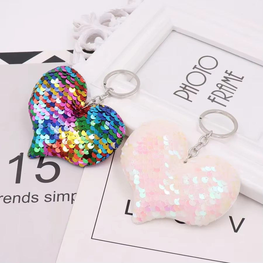 Thumbnail: 1PCS Cute Heart Keychain Glitter Pompom Sequins Key Ring Gifts for Women Llavero