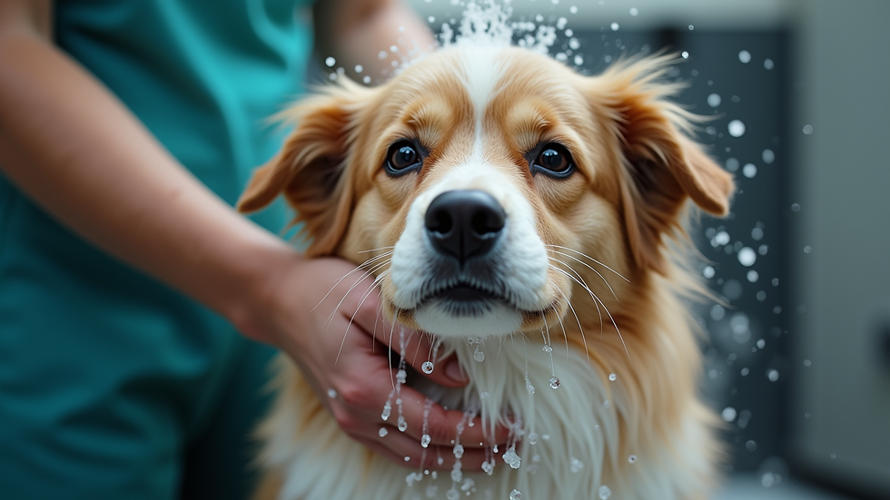Close-up view of a dog being gently washed in a mobile grooming van
