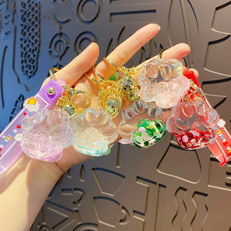 Thumbnail: Cartoon In-Oil Rainbow Bean Palm Print Glitter Quicksand Bottle Cat Claw Keychai