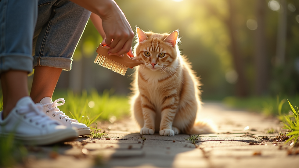 Eye-level view of a person brushing a cat on a sunny day