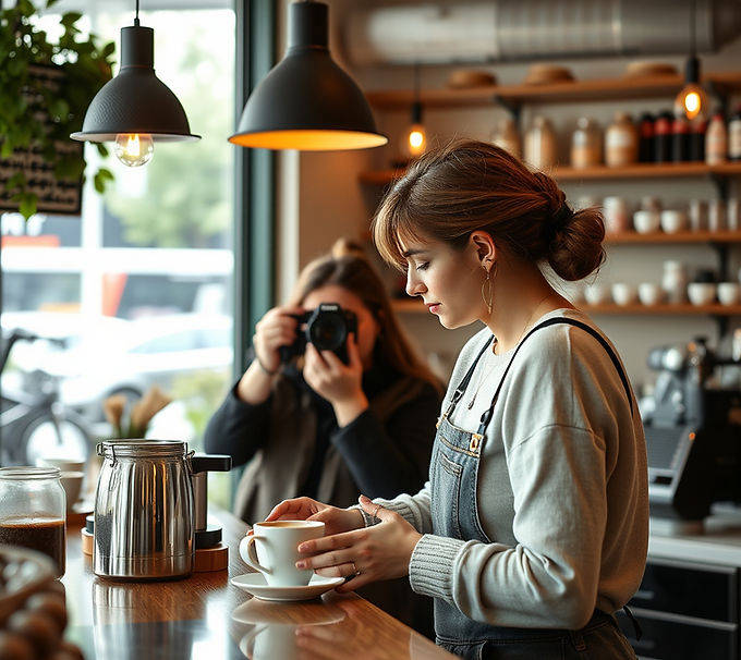 Make a coffee shop capturing it as a advertisement day with photographer that are women ca