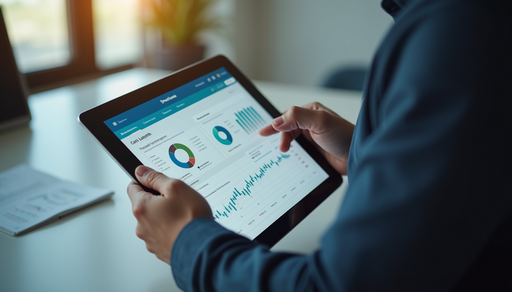 High angle view of a consultant using a tablet with a project management dashboard