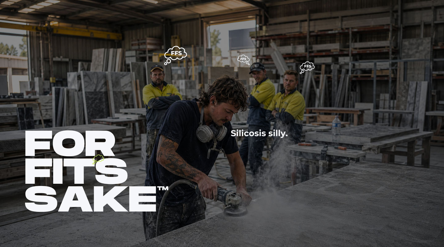 Stone worker performing a mask fit test to prevent silicosis in Melbourne, Victoria, Australia.
