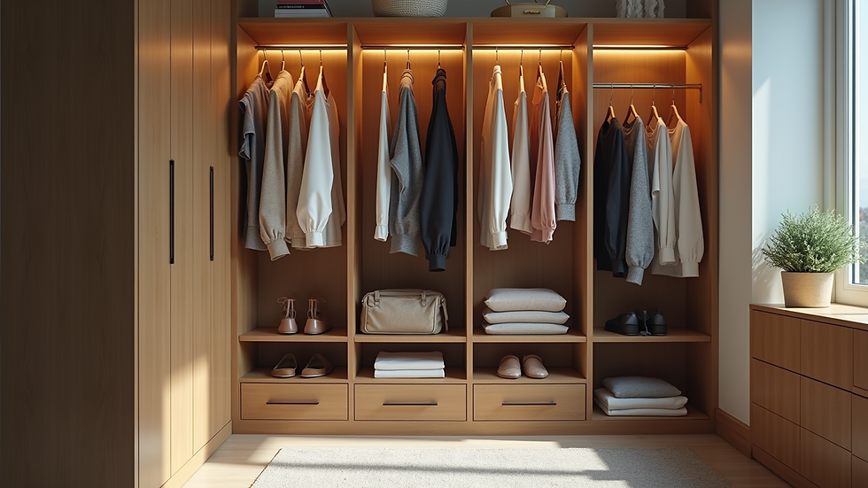 Eye-level view of a beautifully organized closet with neatly arranged clothes and accessories