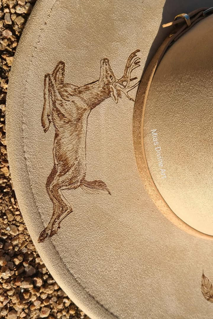Thumbnail: Custom Hand Burned Deer and Pinecone Hat Side