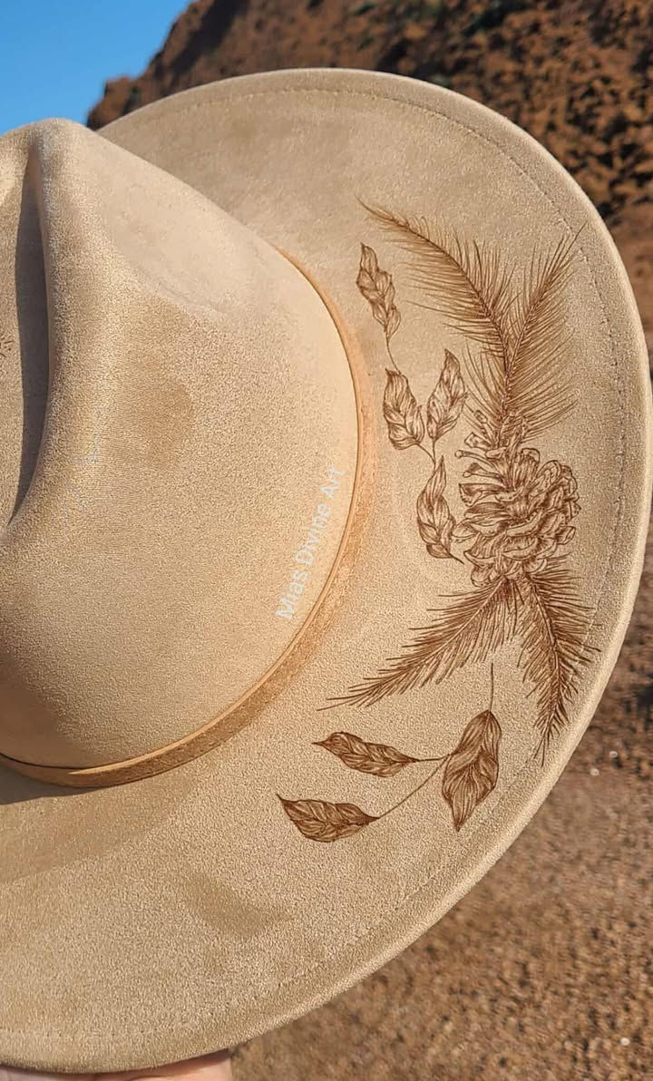 Custom Hand Burned Deer and Pinecone Hat Side