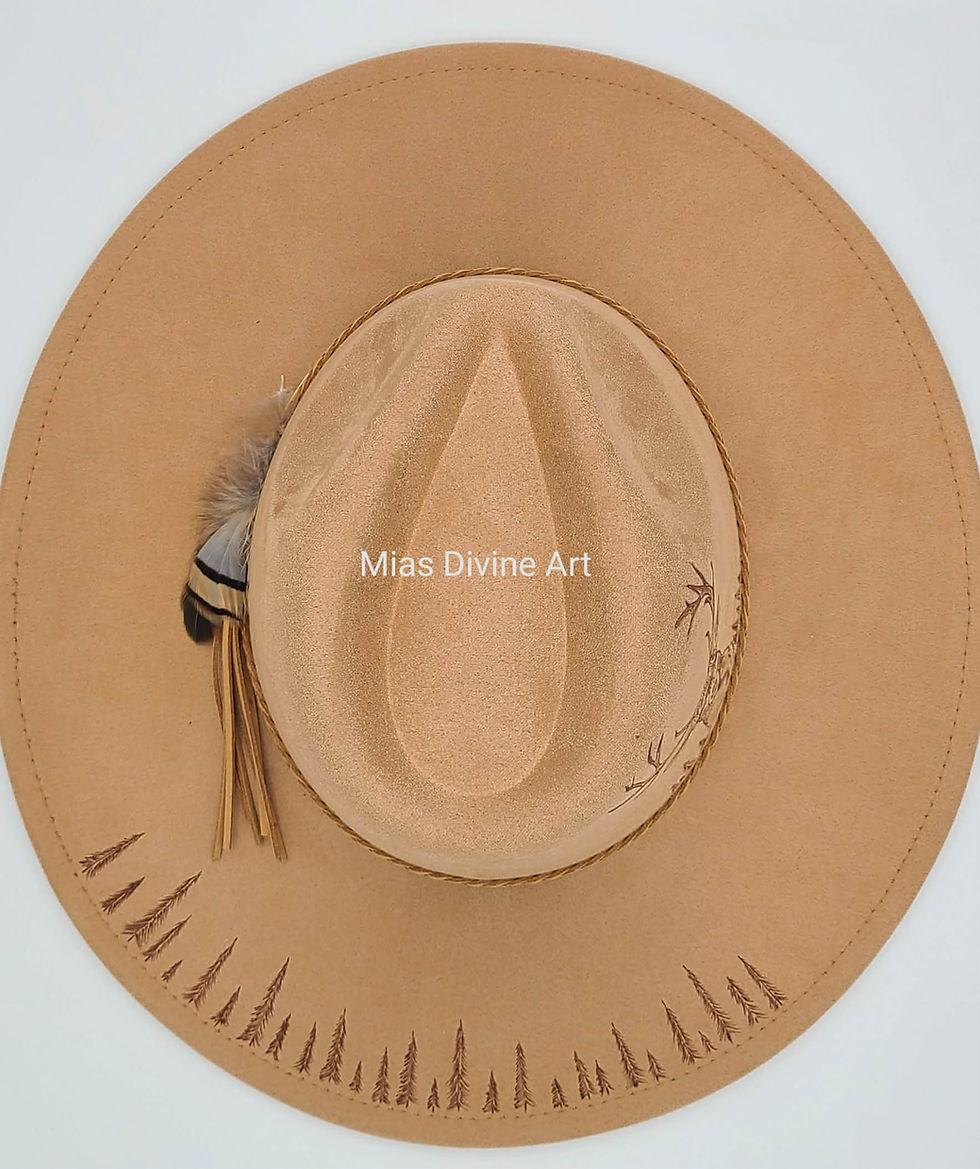 Thumbnail: White Background Fedora Hand Burned Deer and Trees Flat Brim Top