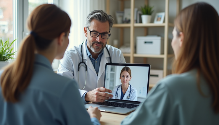Eye-level view of a doctor consulting a patient via telehealth on a laptop