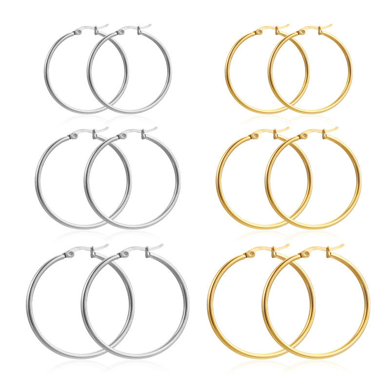 Thumbnail: Gold Color Stainless Steel Hoop Earrings For Women Men Big/Small Circle Round Ea