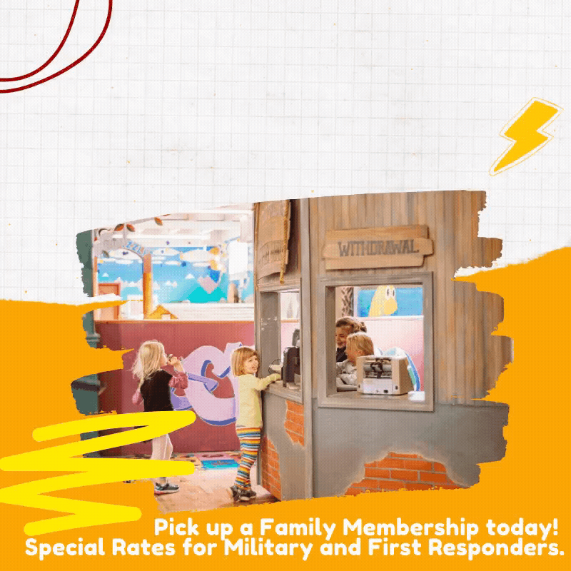 The image reads "Join the CMOM Family! Pick up a family membership today! Special rates for Military and First Responders." The image is white and orange and has children playing in the middle of the screen.