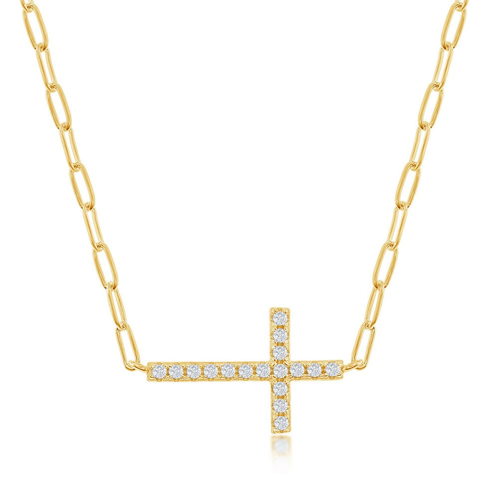 Sterling Silver, CZ Sideways Cross Paperclip Necklace - Gold Plated