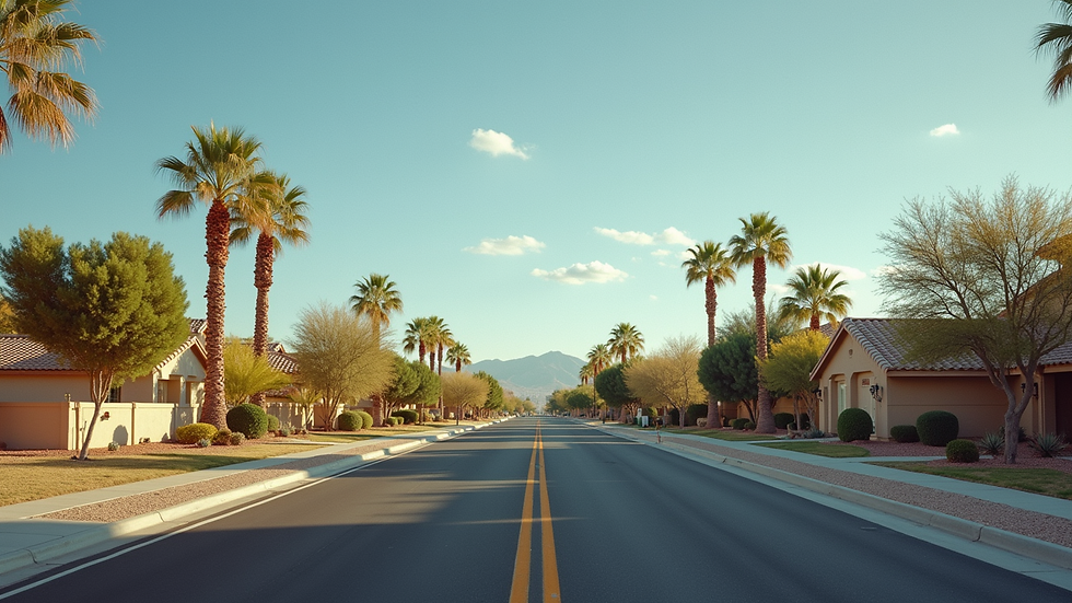 Wide angle view of a suburban street in North Las Vegas with homes and trees