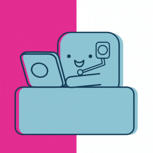 Afbeelding van een robot met een headset, die aan een computer werkt in een helpdesk