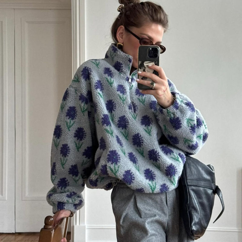 Floral Teddy Fleece Half-Zip Sweatshirt