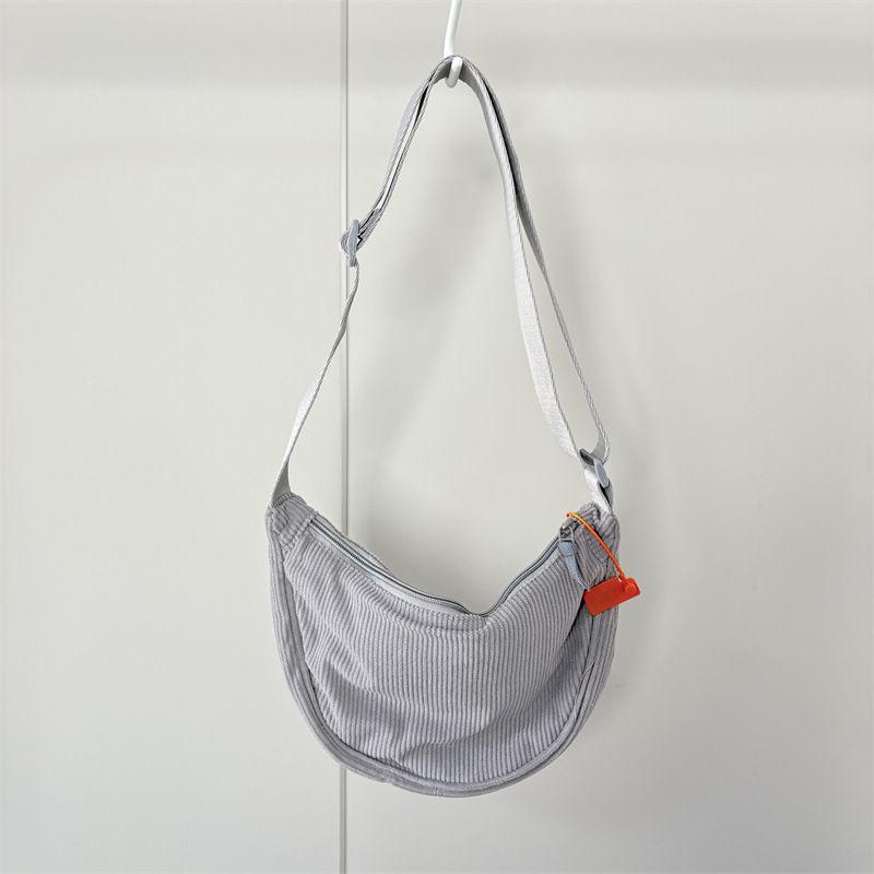 Thumbnail: Grey corduroy hobo shoulder bag with crossbody strap