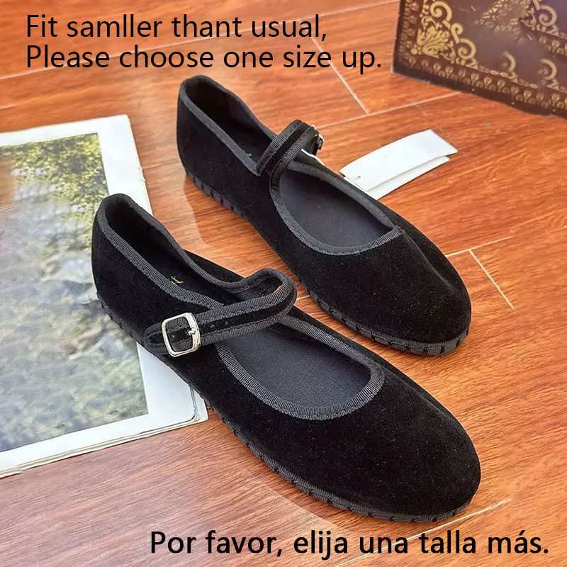 Thumbnail: Velvet Mary Jane Shoes for Women Hand Stitch Casual Streetwear Ballet Flats Pump