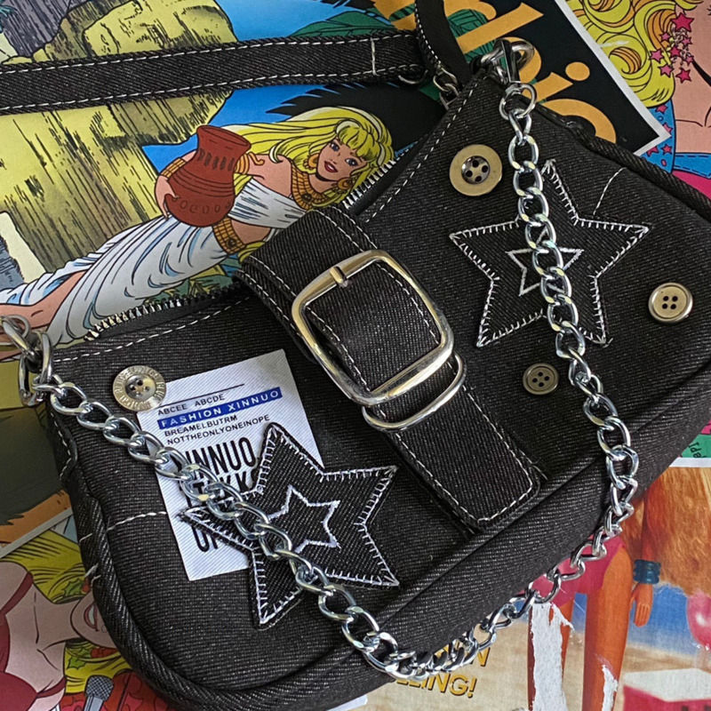 Thumbnail: Y2k star pattern canvas underarm bag with silver chain