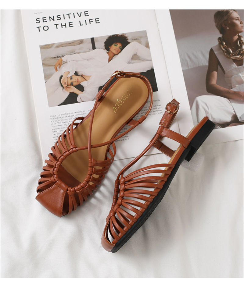 Thumbnail: Brown ZAROY narrow band flat sandals for women