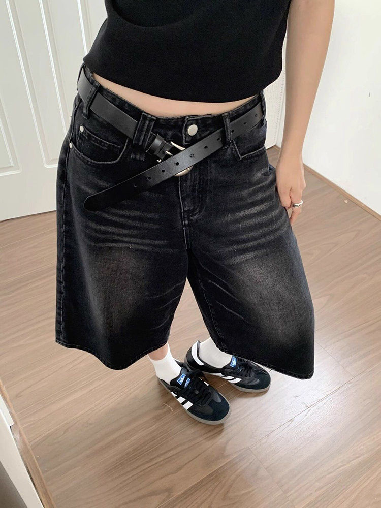Thumbnail: High waist black retro washed denim shorts with black belt