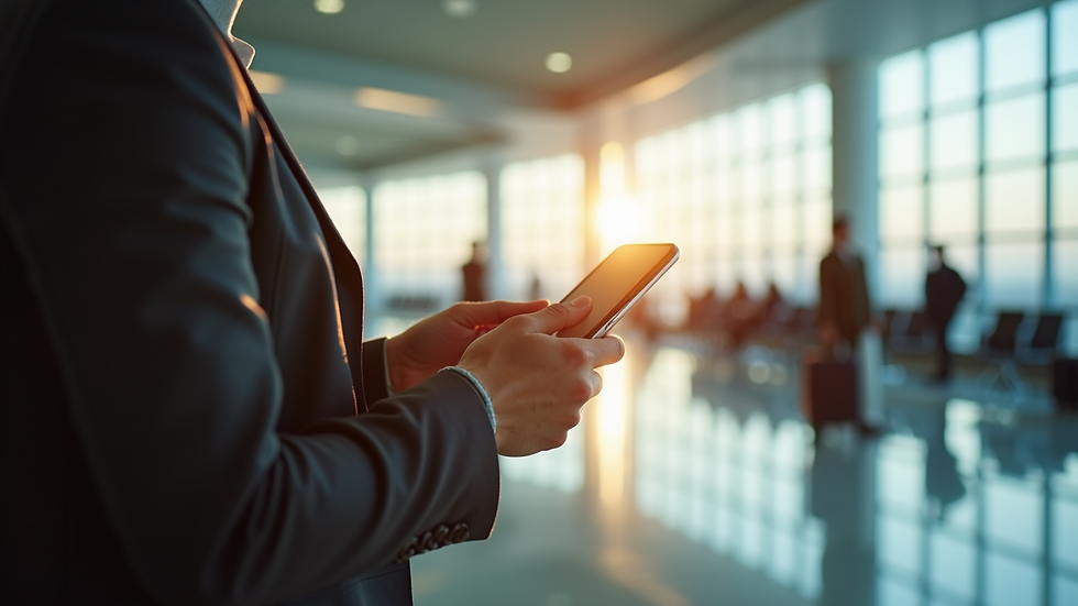 Close-up view of a traveler using a smartphone in an airport